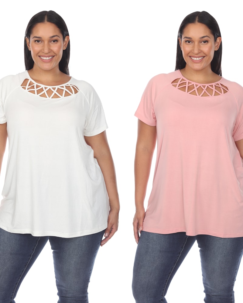 Front of a model wearing a size 1X Essential 2 Pack White Crisscross Top in White Rose by White Mark. | dia_product_style_image_id:249969